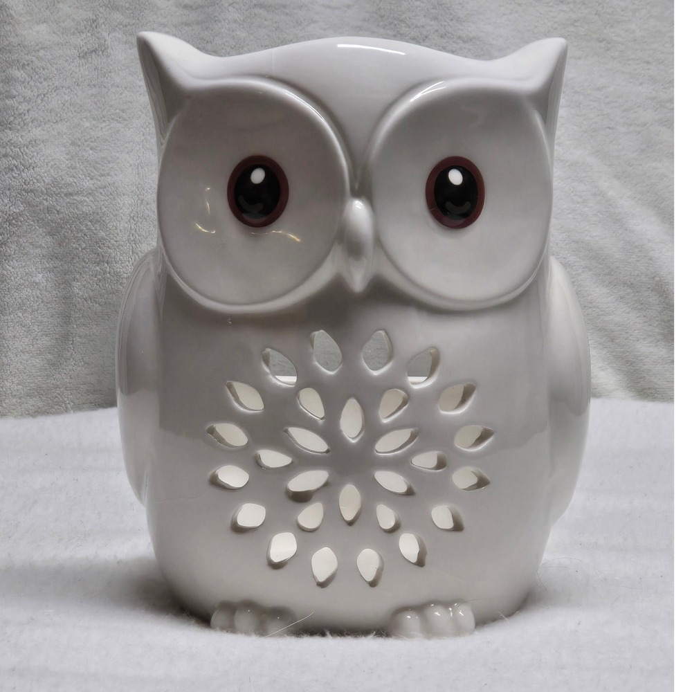 Yankee Candle White Ceramic Owl Jar Holder for 22oz Candles Glossy Floral Cutout
